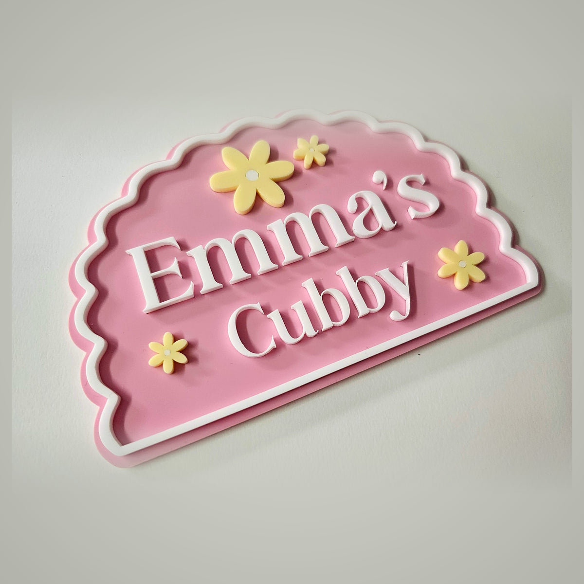 Pink scalloped personalised kids cubby house door sign with daisies - layered acrylic name sign