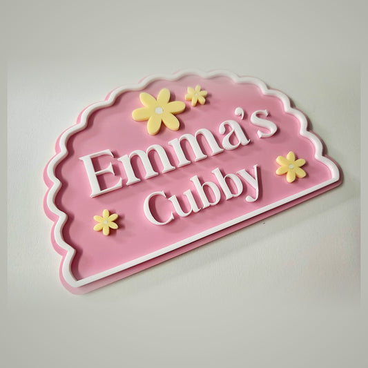Pink scalloped personalised kids cubby house door sign with daisies - layered acrylic name sign