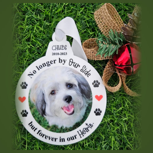 Personalised pet photo Christmas ornament with dog photo and paw print border - pet memorial bauble