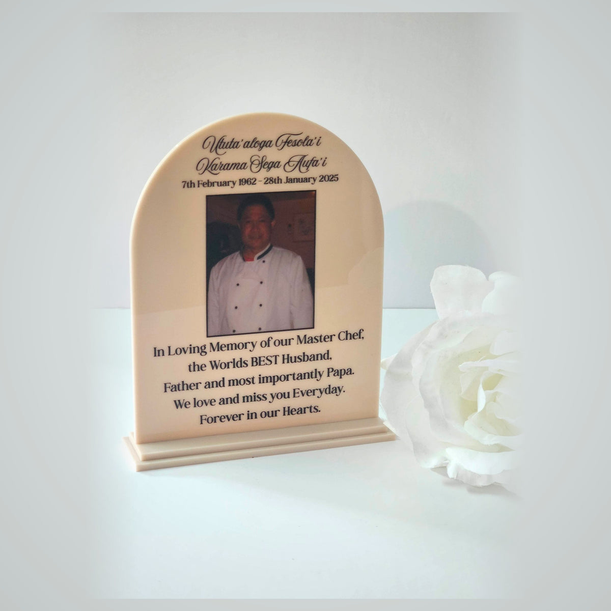 Arched acrylic memorial plaque with photo of loved one - personalised sympathy gift
