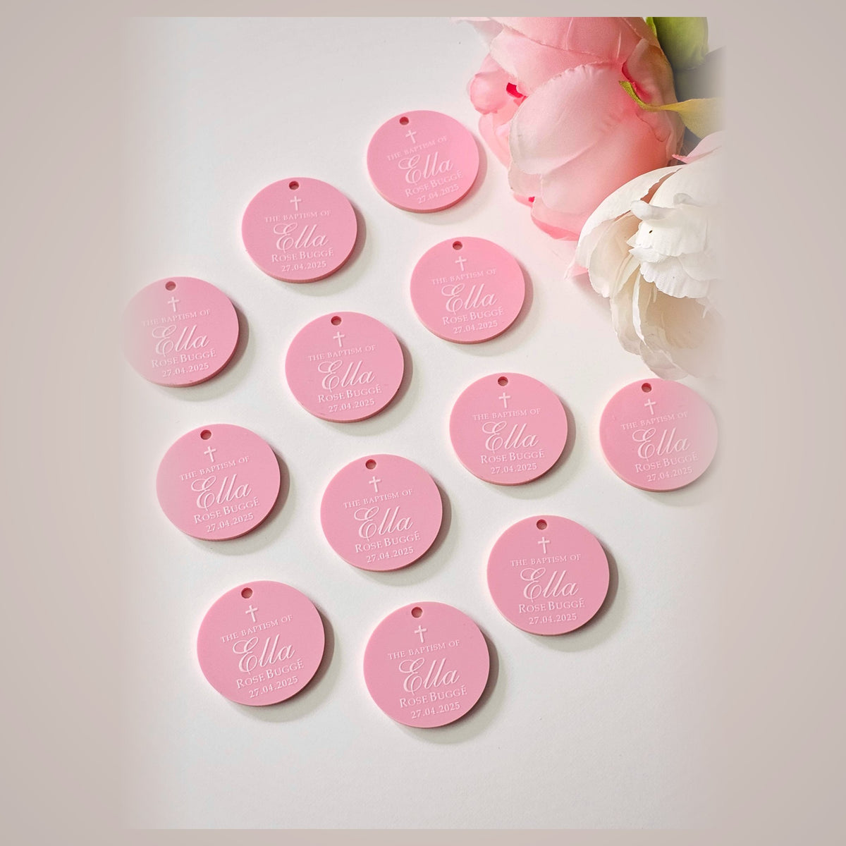 Pink round personalised acrylic name tags with hole for ribbon - bomboniere and party favour tags