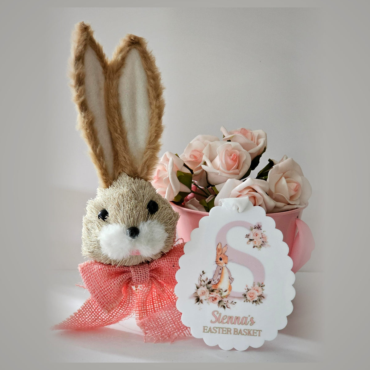 Personalised scalloped Easter basket tag with initial, bunny print and child name