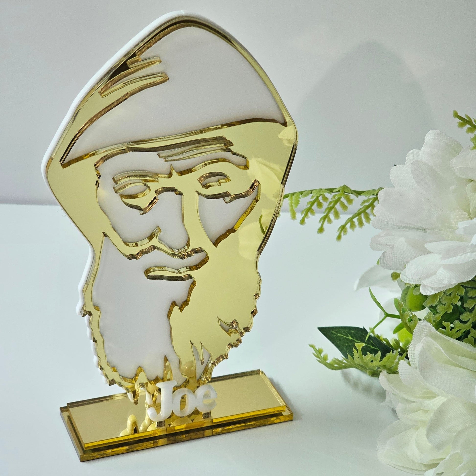 Gold mirror acrylic St Charbel bomboniere freestanding religious keepsake on mirrored base