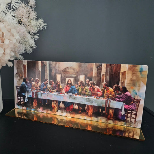 The Last Supper UV-printed acrylic artwork with mirror-gold base engraved with Luke 22:19 — handmade religious home décor piece from Australia